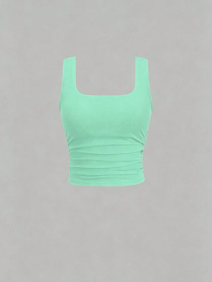 Flirla Women's Casual Solid Color Square Neck Padded Fitted Tank Top, Summer