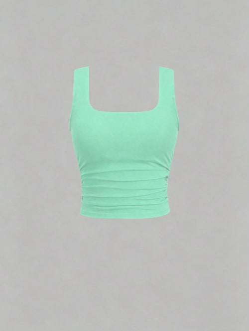 Flirla Women's Casual Solid Color Square Neck Padded Fitted Tank Top, Summer