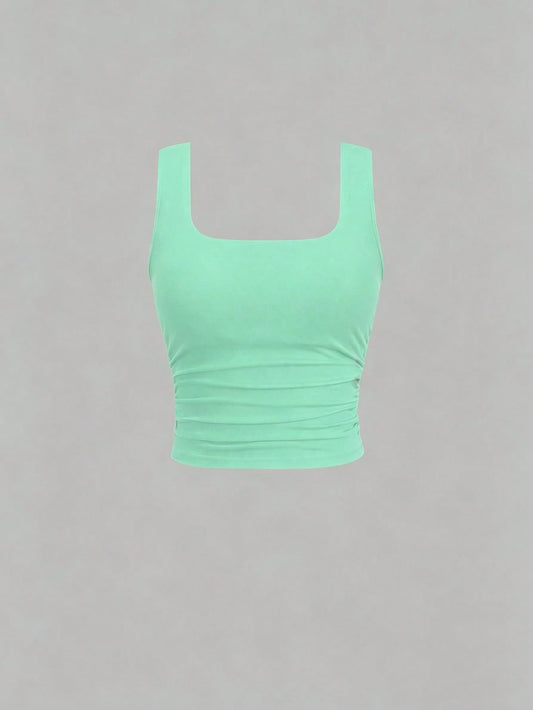 Flirla Women's Casual Solid Color Square Neck Padded Fitted Tank Top, Summer