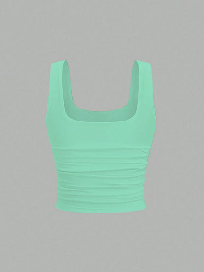 Flirla Women's Casual Solid Color Square Neck Padded Fitted Tank Top, Summer