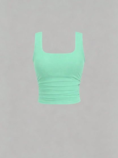 Flirla Women's Casual Solid Color Square Neck Padded Fitted Tank Top, Summer