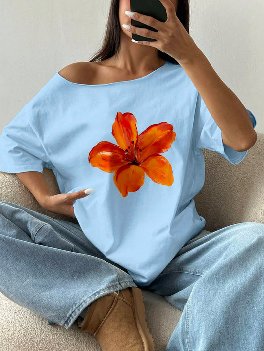 Flirla Women's Loose Asymmetrical Shoulder Floral T-Shirt, Short Sleeve Oversized Casual Light Blue Tee Vacation Summer