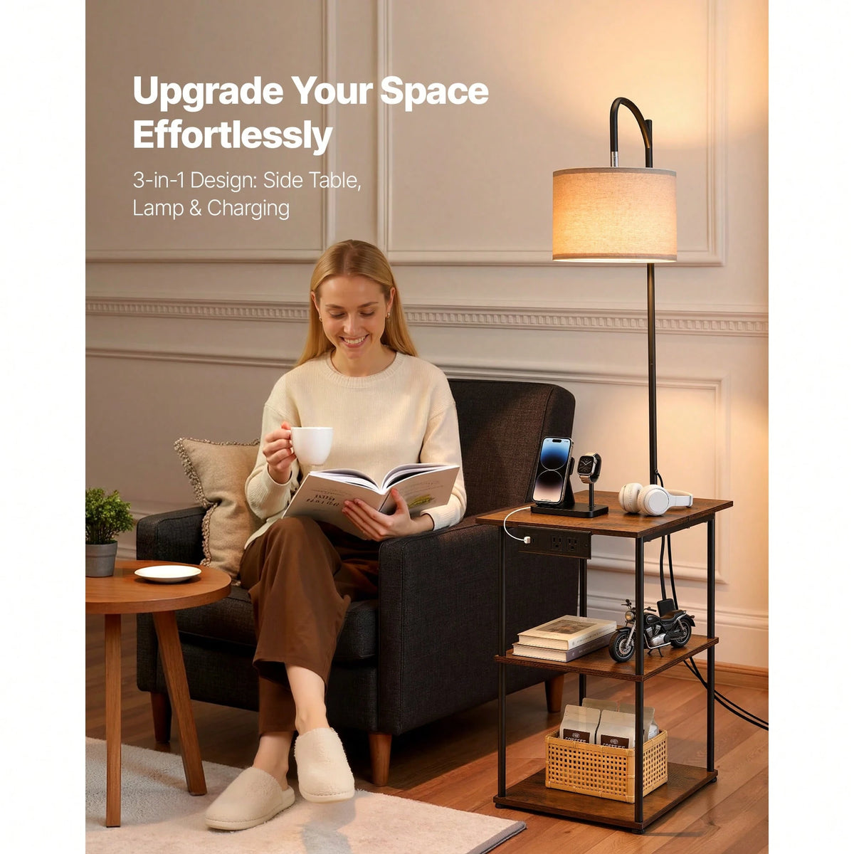 Floor Lamp With Table, Narrow 3-Tier End Table With Open Shelves & 3 Color Temperature Lighting, Side Nightstand Bedside Desk With USB & Type C & AC Charging Port For Living Room, Bedroom, Dorm