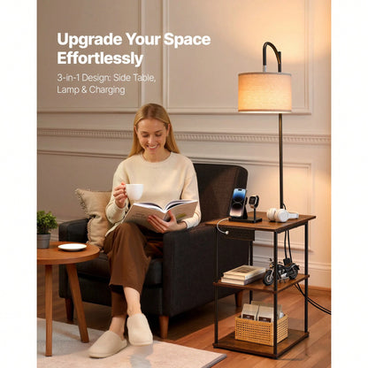 Floor Lamp With Table, Narrow 3-Tier End Table With Open Shelves & 3 Color Temperature Lighting, Side Nightstand Bedside Desk With USB & Type C & AC Charging Port For Living Room, Bedroom, Dorm
