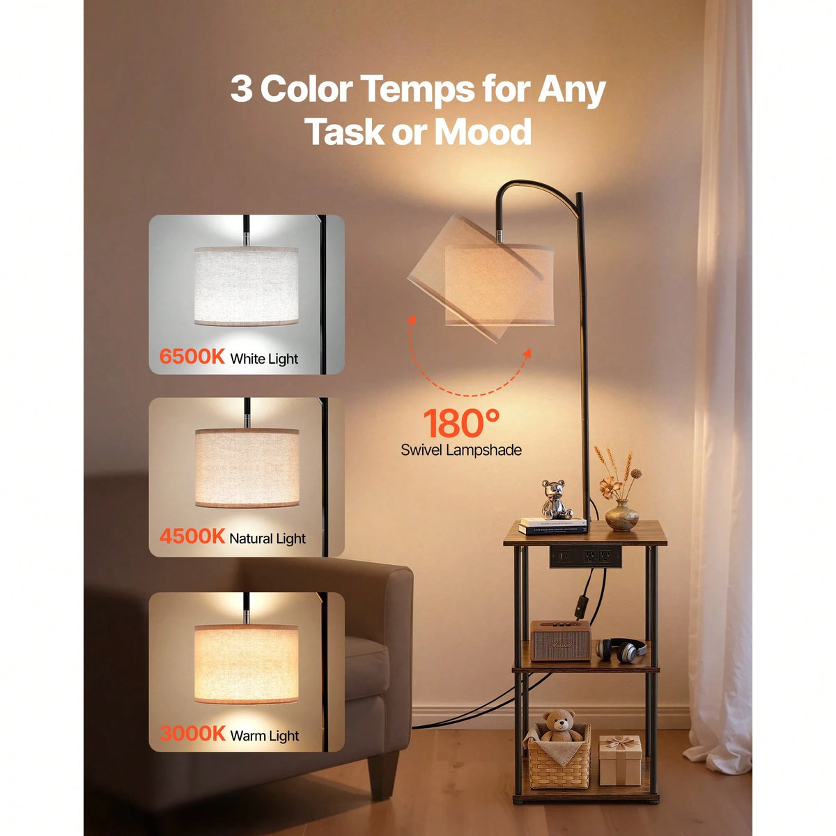 Floor Lamp With Table, Narrow 3-Tier End Table With Open Shelves & 3 Color Temperature Lighting, Side Nightstand Bedside Desk With USB & Type C & AC Charging Port For Living Room, Bedroom, Dorm