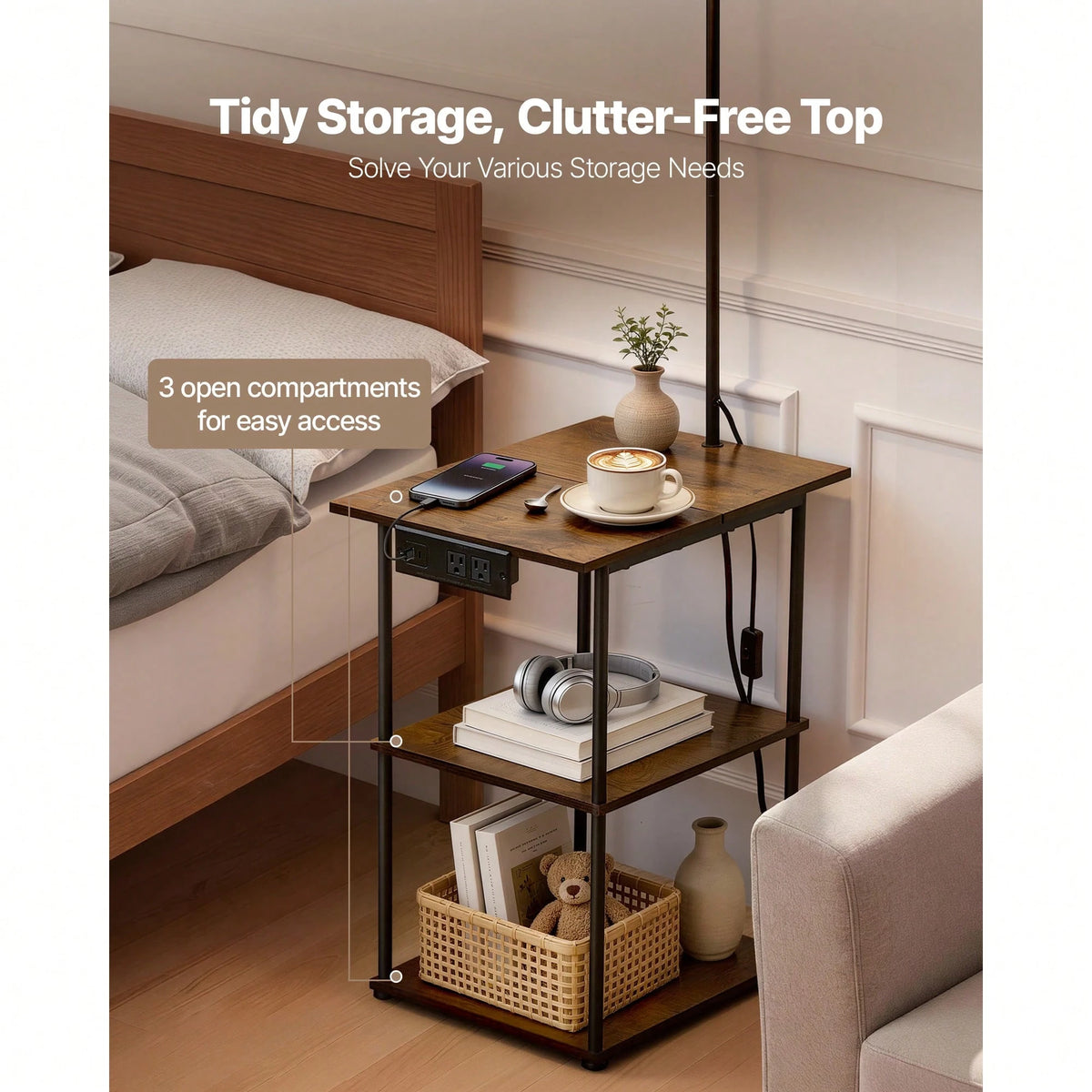 Floor Lamp With Table, Narrow 3-Tier End Table With Open Shelves & 3 Color Temperature Lighting, Side Nightstand Bedside Desk With USB & Type C & AC Charging Port For Living Room, Bedroom, Dorm
