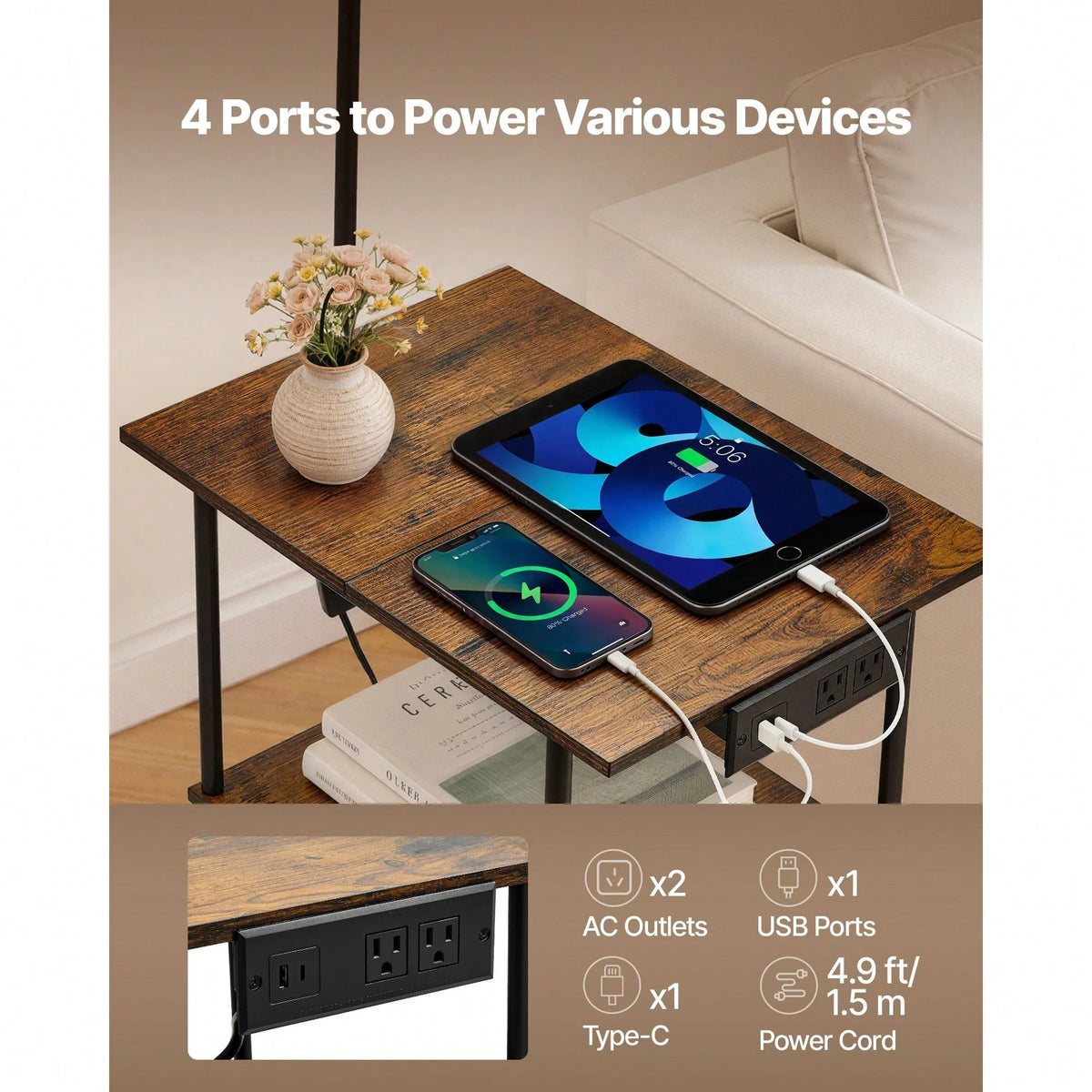 Floor Lamp With Table, Narrow 3-Tier End Table With Open Shelves & 3 Color Temperature Lighting, Side Nightstand Bedside Desk With USB & Type C & AC Charging Port For Living Room, Bedroom, Dorm