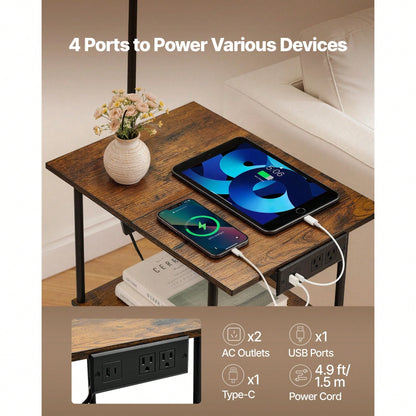 Floor Lamp With Table, Narrow 3-Tier End Table With Open Shelves & 3 Color Temperature Lighting, Side Nightstand Bedside Desk With USB & Type C & AC Charging Port For Living Room, Bedroom, Dorm