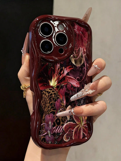 Floral Painted Cream Wavy Edge Burgundy Flat Print Anti-Drop Fashion Cute Phone Case Compatible With Iphone 17/17 Pro/17 Pro Max/ 16/16 Pro/16 Pro Max/16 Plus/10/14/15/P14/P13/P12/P11 Thick Soft Full