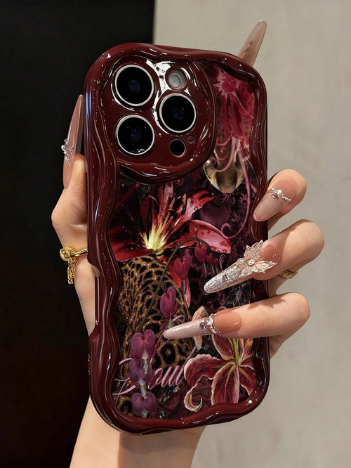 Floral Painted Cream Wavy Edge Burgundy Flat Print Anti-Drop Fashion Cute Phone Case Compatible With Iphone 17/17 Pro/17 Pro Max/ 16/16 Pro/16 Pro Max/16 Plus/10/14/15/P14/P13/P12/P11 Thick Soft Full