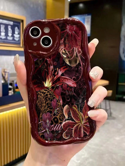 Floral Painted Cream Wavy Edge Burgundy Flat Print Anti-Drop Fashion Cute Phone Case Compatible With Iphone 17/17 Pro/17 Pro Max/ 16/16 Pro/16 Pro Max/16 Plus/10/14/15/P14/P13/P12/P11 Thick Soft Full