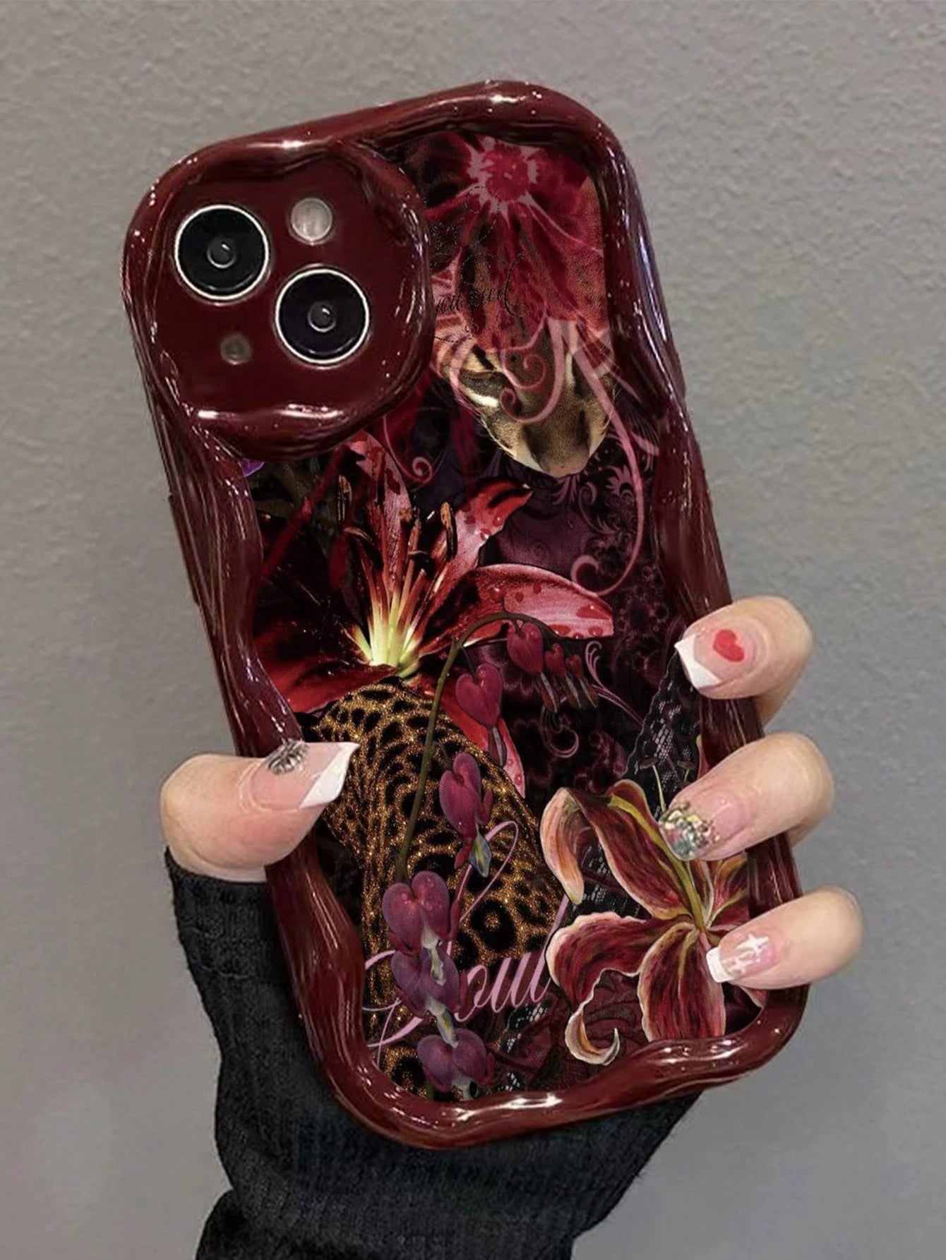 Floral Painted Cream Wavy Edge Burgundy Flat Print Anti-Drop Fashion Cute Phone Case Compatible With Iphone 17/17 Pro/17 Pro Max/ 16/16 Pro/16 Pro Max/16 Plus/10/14/15/P14/P13/P12/P11 Thick Soft Full