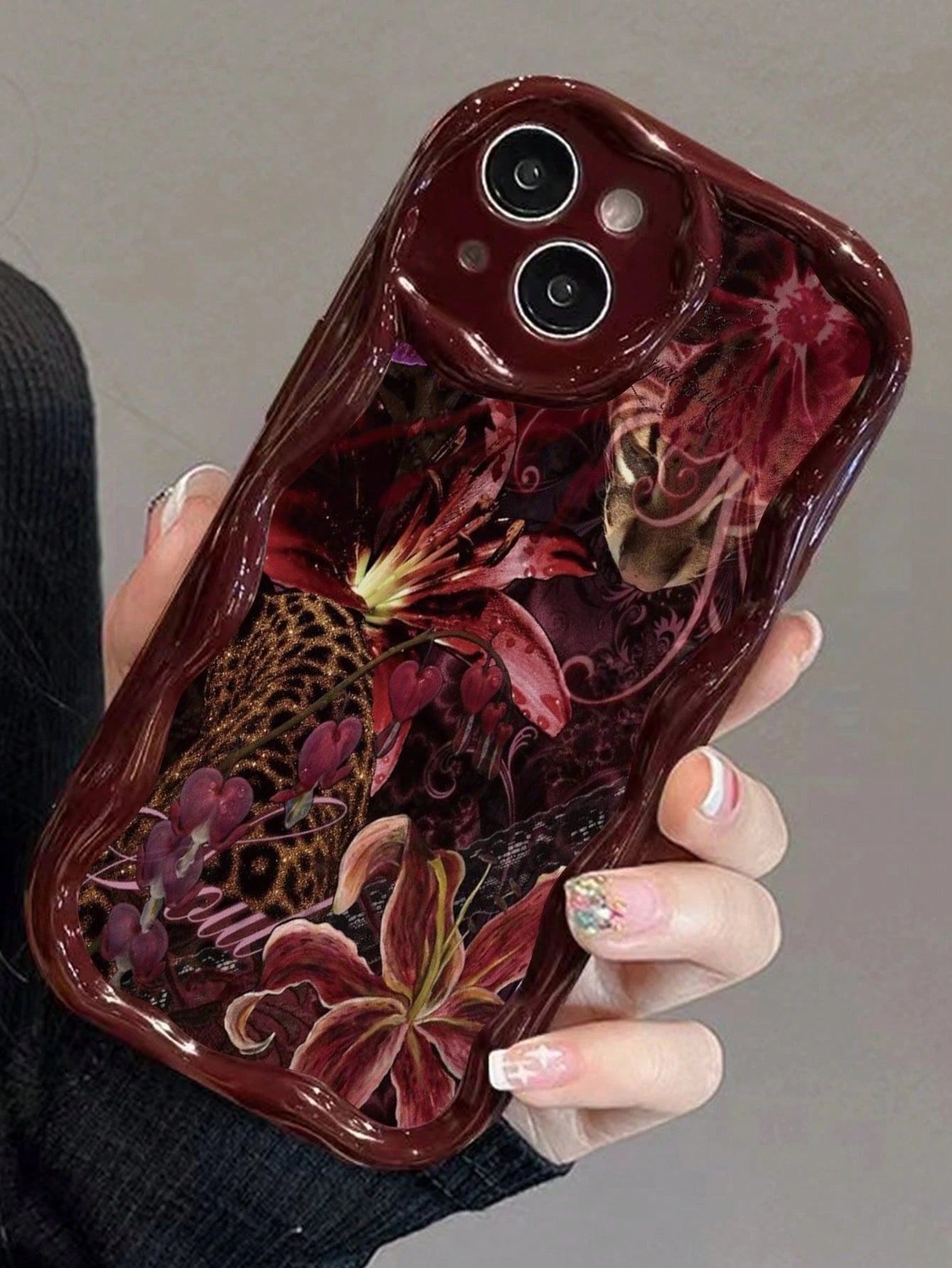 Floral Painted Cream Wavy Edge Burgundy Flat Print Anti-Drop Fashion Cute Phone Case Compatible With Iphone 17/17 Pro/17 Pro Max/ 16/16 Pro/16 Pro Max/16 Plus/10/14/15/P14/P13/P12/P11 Thick Soft Full
