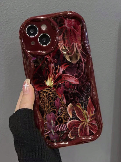 Floral Painted Cream Wavy Edge Burgundy Flat Print Anti-Drop Fashion Cute Phone Case Compatible With Iphone 17/17 Pro/17 Pro Max/ 16/16 Pro/16 Pro Max/16 Plus/10/14/15/P14/P13/P12/P11 Thick Soft Full