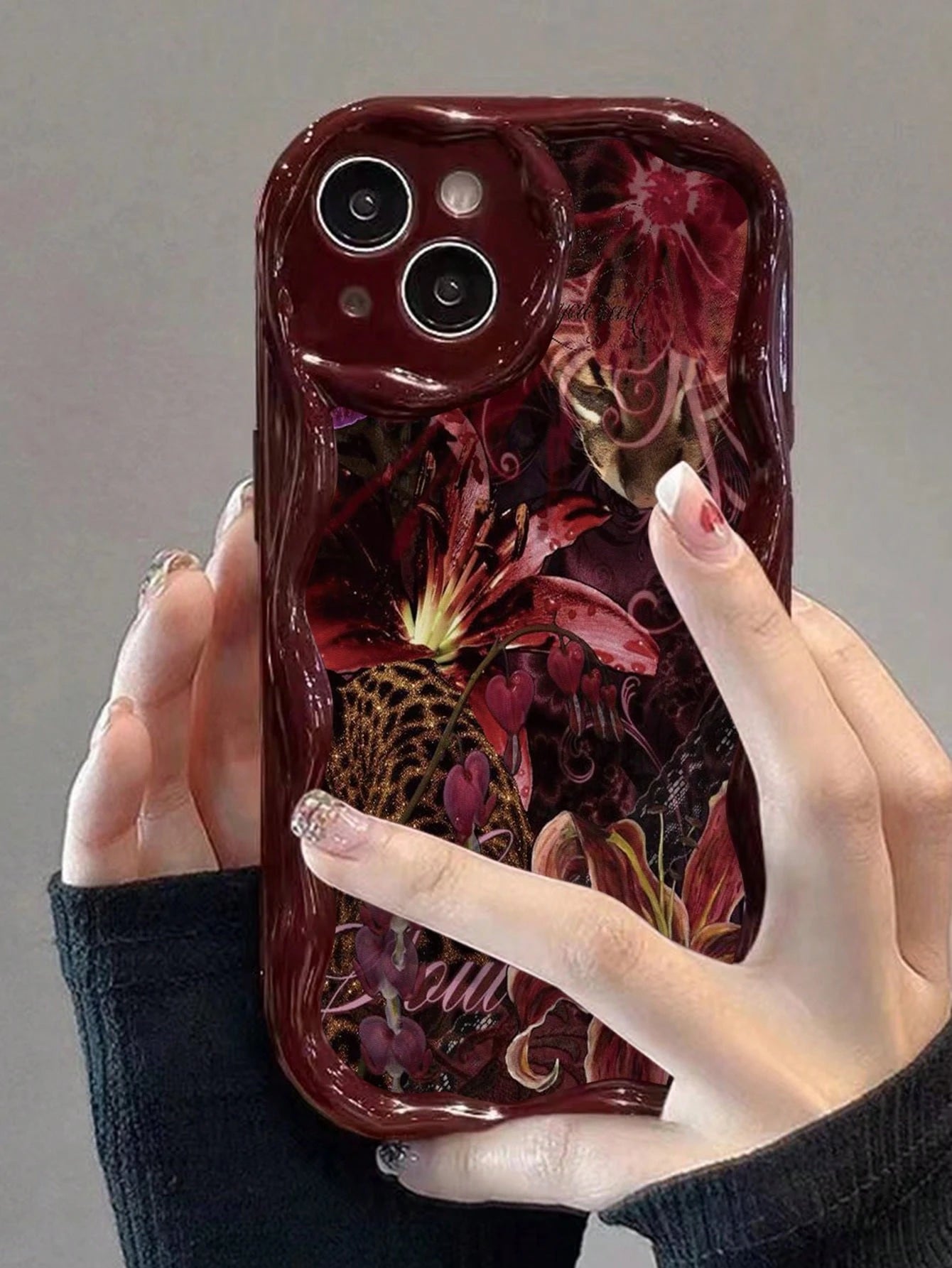Floral Painted Cream Wavy Edge Burgundy Flat Print Anti-Drop Fashion Cute Phone Case Compatible With Iphone 17/17 Pro/17 Pro Max/ 16/16 Pro/16 Pro Max/16 Plus/10/14/15/P14/P13/P12/P11 Thick Soft Full