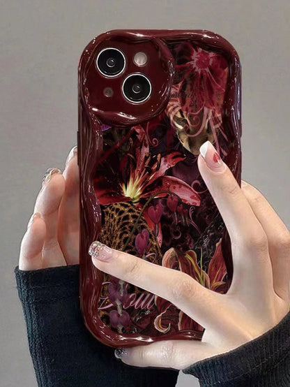 Floral Painted Cream Wavy Edge Burgundy Flat Print Anti-Drop Fashion Cute Phone Case Compatible With Iphone 17/17 Pro/17 Pro Max/ 16/16 Pro/16 Pro Max/16 Plus/10/14/15/P14/P13/P12/P11 Thick Soft Full