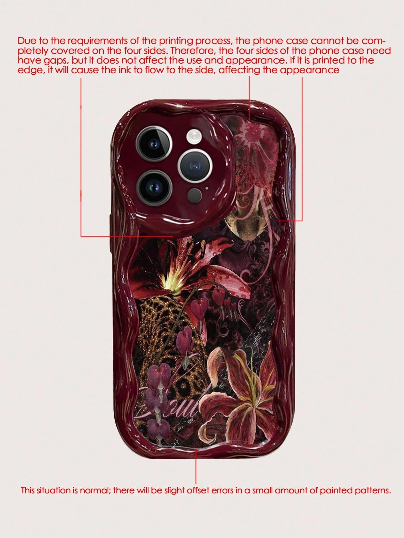 Floral Painted Cream Wavy Edge Burgundy Flat Print Anti-Drop Fashion Cute Phone Case Compatible With Iphone 17/17 Pro/17 Pro Max/ 16/16 Pro/16 Pro Max/16 Plus/10/14/15/P14/P13/P12/P11 Thick Soft Full