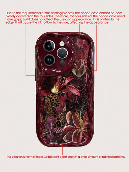 Floral Painted Cream Wavy Edge Burgundy Flat Print Anti-Drop Fashion Cute Phone Case Compatible With Iphone 17/17 Pro/17 Pro Max/ 16/16 Pro/16 Pro Max/16 Plus/10/14/15/P14/P13/P12/P11 Thick Soft Full
