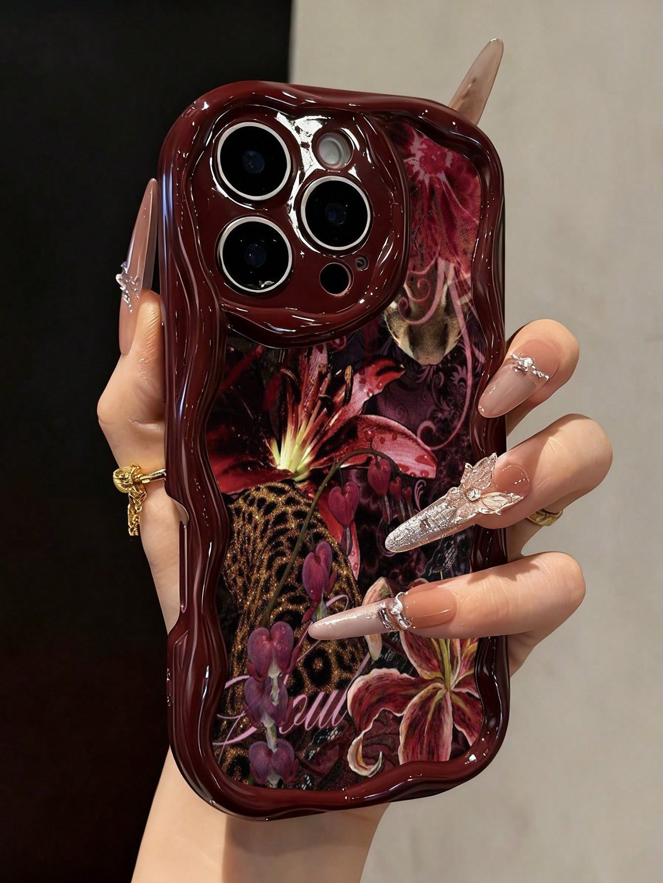 Floral Painted Cream Wavy Edge Burgundy Flat Print Anti-Drop Fashion Cute Phone Case Compatible With Iphone 17/17 Pro/17 Pro Max/ 16/16 Pro/16 Pro Max/16 Plus/10/14/15/P14/P13/P12/P11 Thick Soft Full