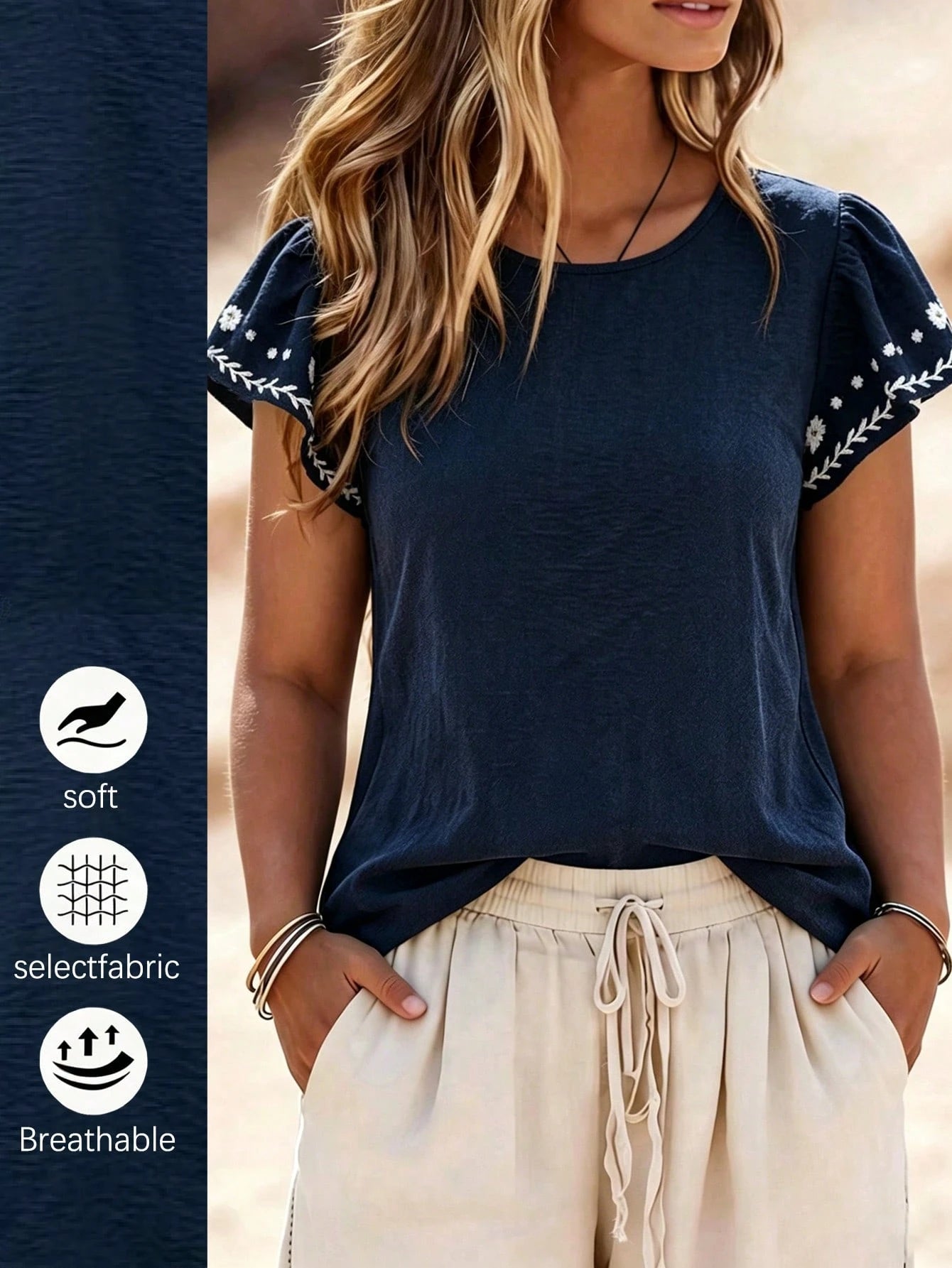 Florisole Women's Navy Blue Floral Boho Summer Blouses,Ruffled Short Sleeve Textured Holiday Vacation Shirts,Elegant Country Style Casual Tops Festival Outfits