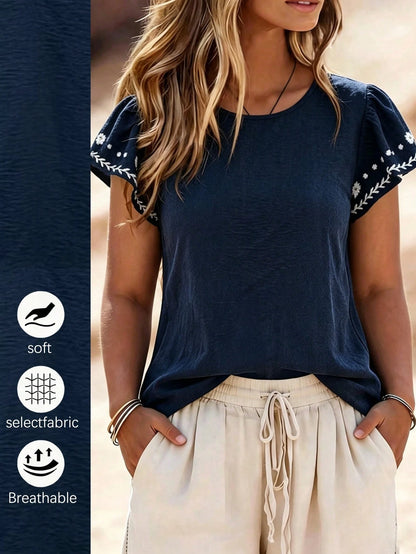 Florisole Women's Navy Blue Floral Boho Summer Blouses,Ruffled Short Sleeve Textured Holiday Vacation Shirts,Elegant Country Style Casual Tops Festival Outfits