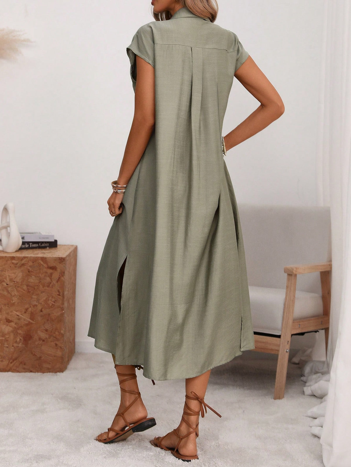 Florisole Women's Shirt Collar Button Down Loose Midi Dress,Sage Green,Summer,Casual,Vacation,Holiday,Elegant French Retro Office Commute Boho Raglan Sleeve