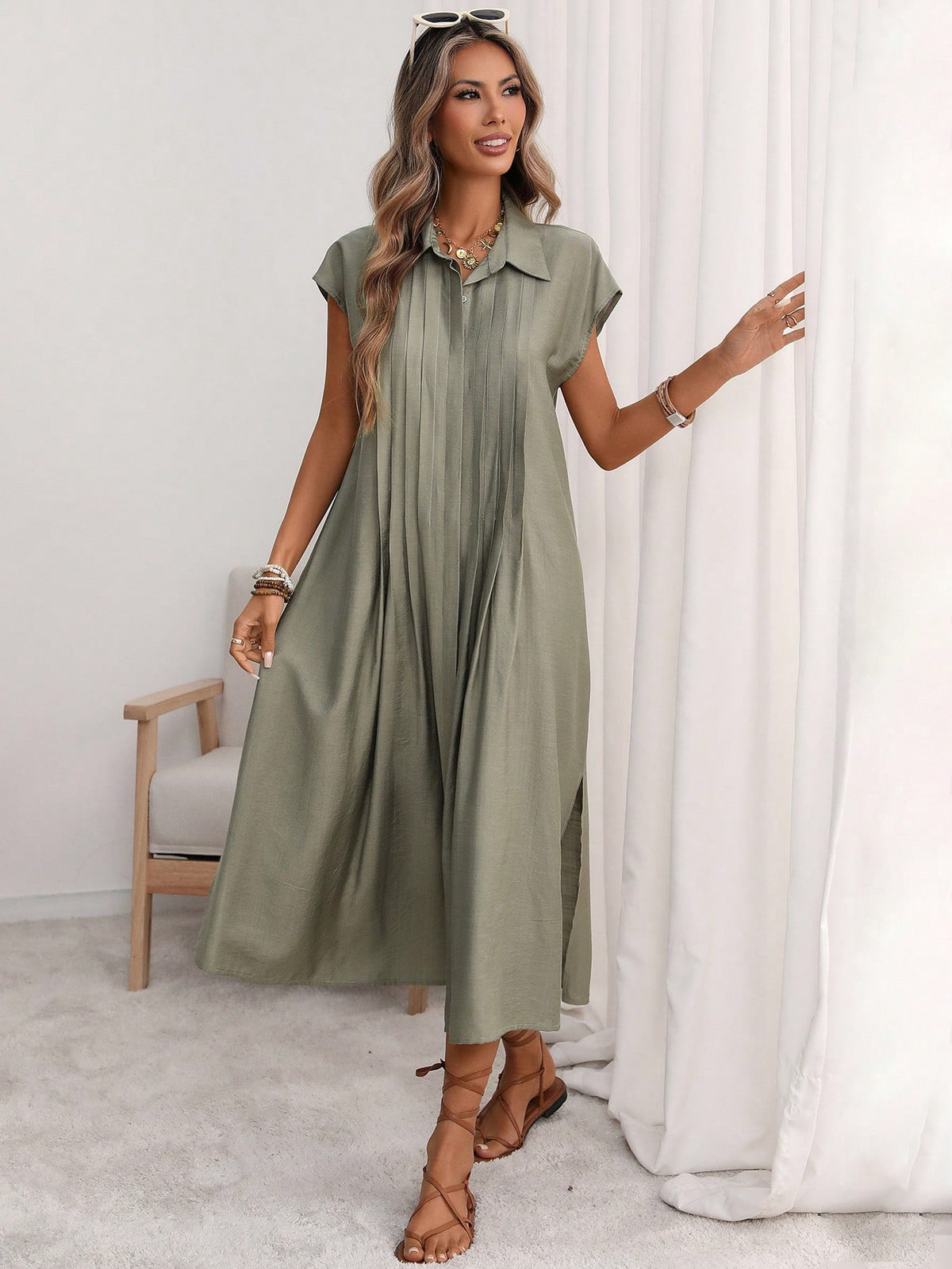 Florisole Women's Shirt Collar Button Down Loose Midi Dress,Sage Green,Summer,Casual,Vacation,Holiday,Elegant French Retro Office Commute Boho Raglan Sleeve