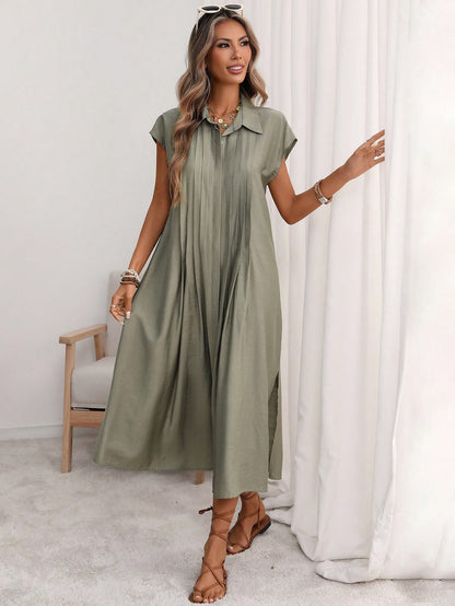 Florisole Women's Shirt Collar Button Down Loose Midi Dress,Sage Green,Summer,Casual,Vacation,Holiday,Elegant French Retro Office Commute Boho Raglan Sleeve