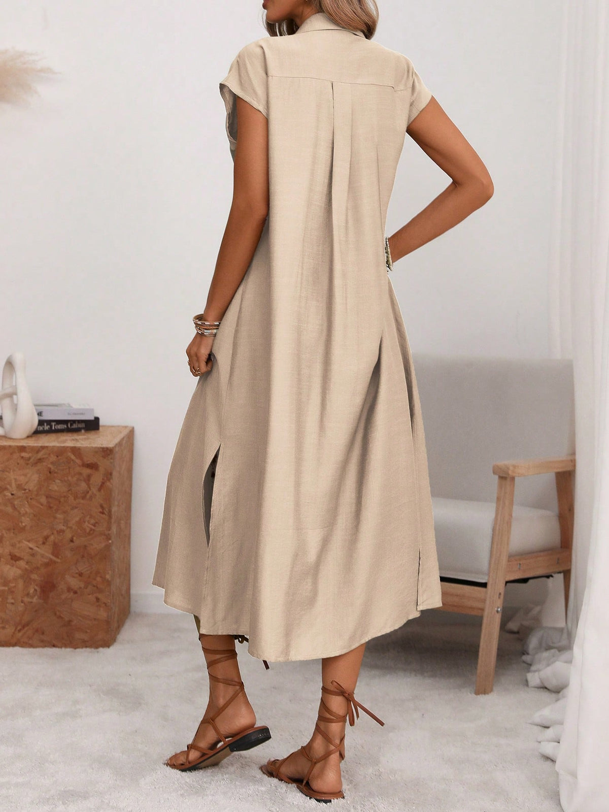 Florisole Women's Shirt Collar Button Down Loose Midi Dress,Sage Green,Summer,Casual,Vacation,Holiday,Elegant French Retro Office Commute Boho Raglan Sleeve