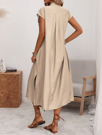 Florisole Women's Shirt Collar Button Down Loose Midi Dress,Sage Green,Summer,Casual,Vacation,Holiday,Elegant French Retro Office Commute Boho Raglan Sleeve