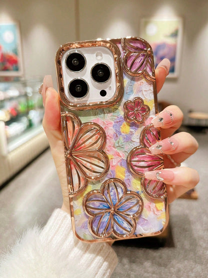 Flower Element TPU Fashion Phone Case TPU Electroplated Floral Summer Vintage Hollow 3D Painting Flowers Drop-Proof Dopamine Phone Case Compatible With IPhone11, IPhone13, IPhone14ProMax, IPhone15, IP