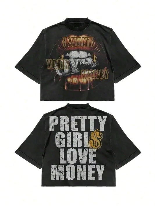 Fly "I Want Your Money" Hip-Hop Flow T-Shirt% Pure Cotton Double-Sided Printed T-Shirt, Suitable For Men And Women,Summer Crop Top, Ideal Gift-L14