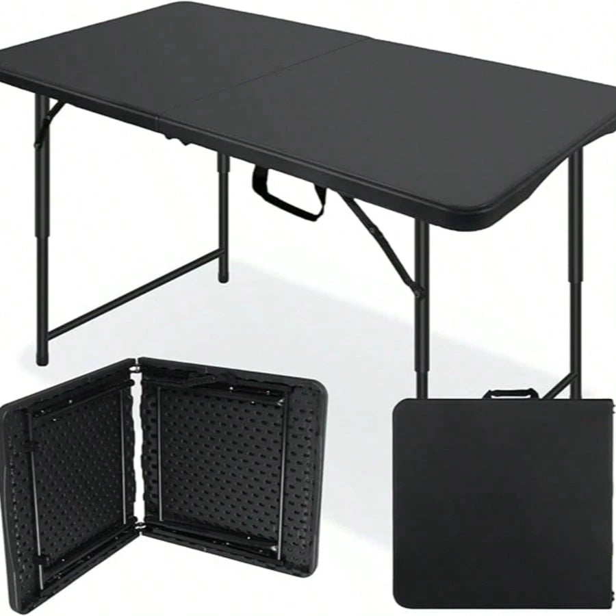 Folding Table 4 Foot,Portable Plastic Fold-In-Half Heavy Duty Picnic Foldable Table,Indoor Outdoor Adjustable Height Black Folding Table With Carrying Handle For Camping,Party,Dining