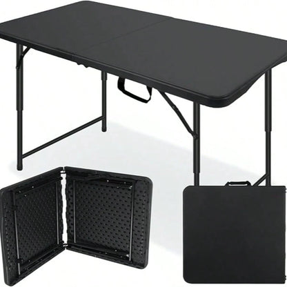 Folding Table 4 Foot,Portable Plastic Fold-In-Half Heavy Duty Picnic Foldable Table,Indoor Outdoor Adjustable Height Black Folding Table With Carrying Handle For Camping,Party,Dining