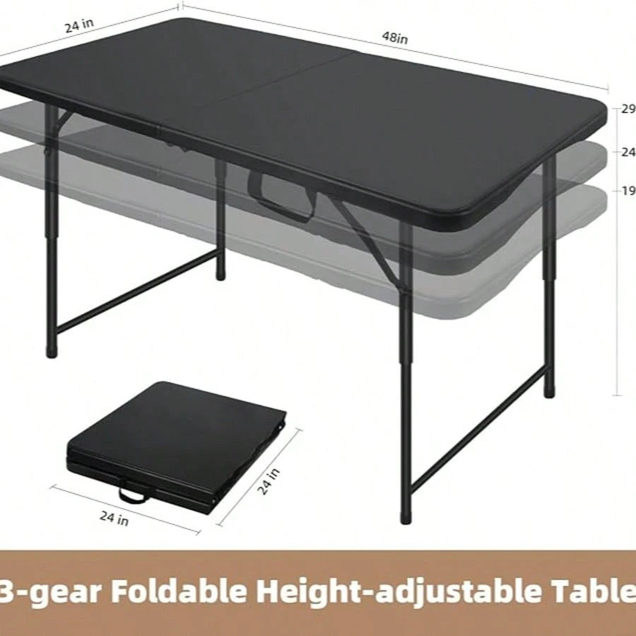 Folding Table 4 Foot,Portable Plastic Fold-In-Half Heavy Duty Picnic Foldable Table,Indoor Outdoor Adjustable Height Black Folding Table With Carrying Handle For Camping,Party,Dining