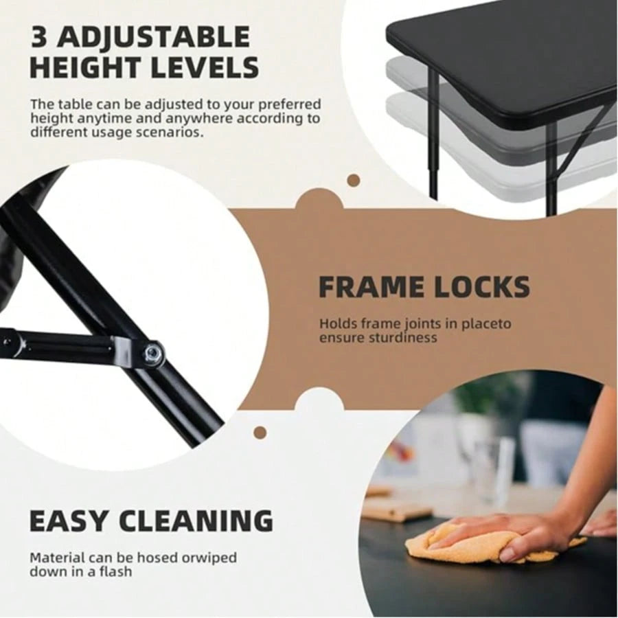Folding Table 4 Foot,Portable Plastic Fold-In-Half Heavy Duty Picnic Foldable Table,Indoor Outdoor Adjustable Height Black Folding Table With Carrying Handle For Camping,Party,Dining
