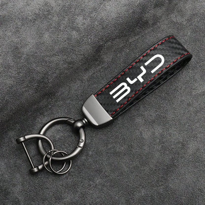 For BYD M6 G3 G5 T3 13 F3 F0 S6 S7 E5 E6 L3 Carbon Fiber Leather Car Key Fob Decoration And Car Keychain With Horseshoe Clasp