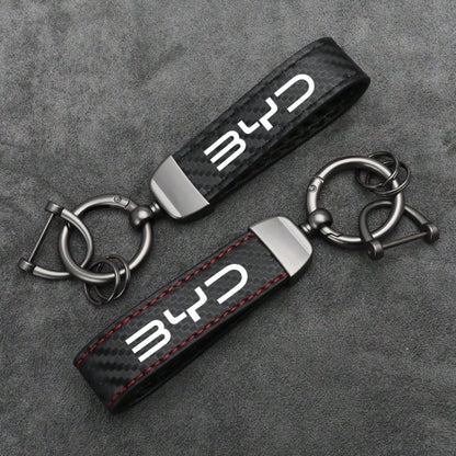 For BYD M6 G3 G5 T3 13 F3 F0 S6 S7 E5 E6 L3 Carbon Fiber Leather Car Key Fob Decoration And Car Keychain With Horseshoe Clasp