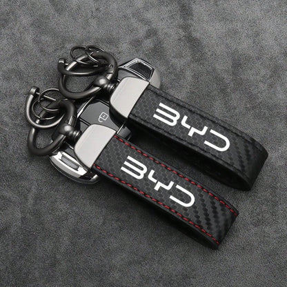 For BYD M6 G3 G5 T3 13 F3 F0 S6 S7 E5 E6 L3 Carbon Fiber Leather Car Key Fob Decoration And Car Keychain With Horseshoe Clasp