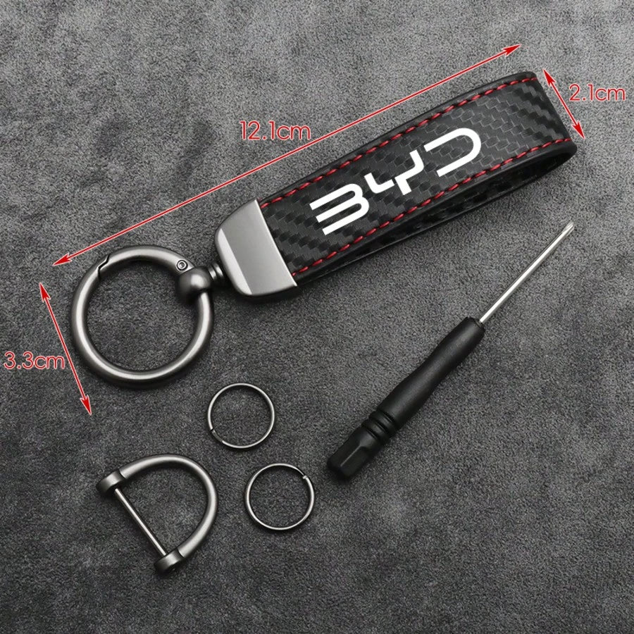 For BYD M6 G3 G5 T3 13 F3 F0 S6 S7 E5 E6 L3 Carbon Fiber Leather Car Key Fob Decoration And Car Keychain With Horseshoe Clasp