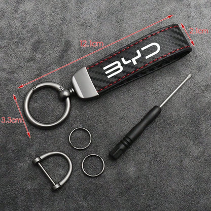 For BYD M6 G3 G5 T3 13 F3 F0 S6 S7 E5 E6 L3 Carbon Fiber Leather Car Key Fob Decoration And Car Keychain With Horseshoe Clasp