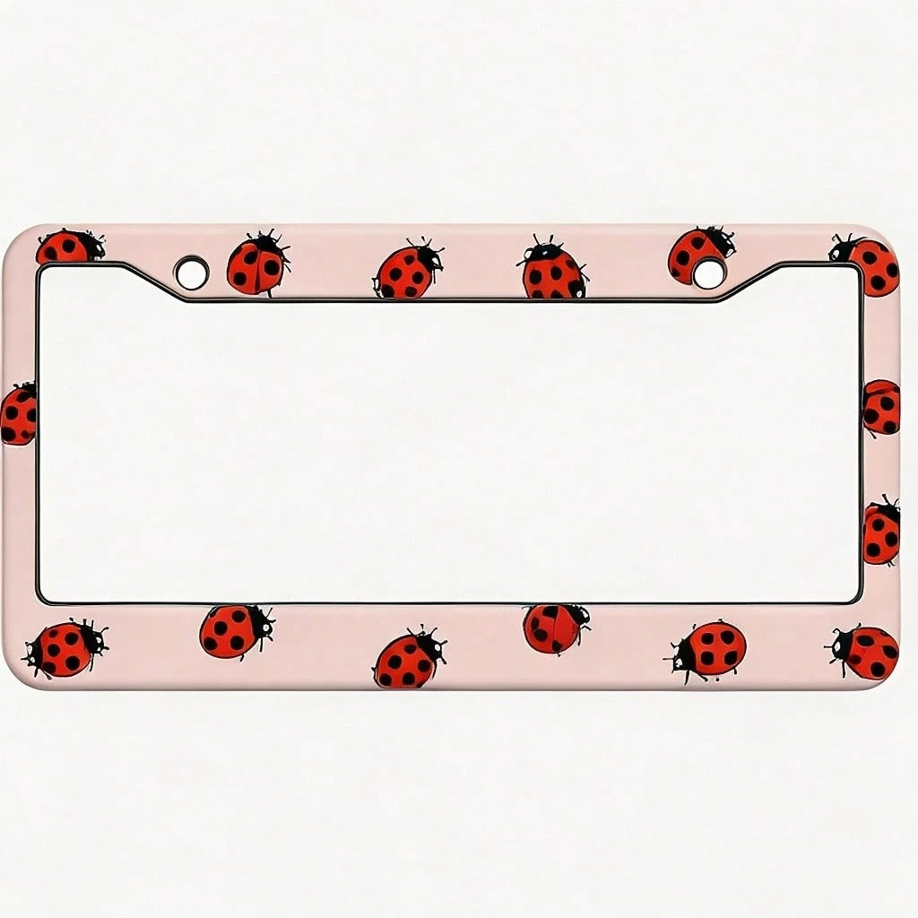 For Decorative Purposes Only Square Aluminum License Plate Frame Protector Pink Ladybug Cartoon Pattern Car License Plate Decorative Frame 31x16CM/12.2x 6.3inch Rust-Proof With Screws