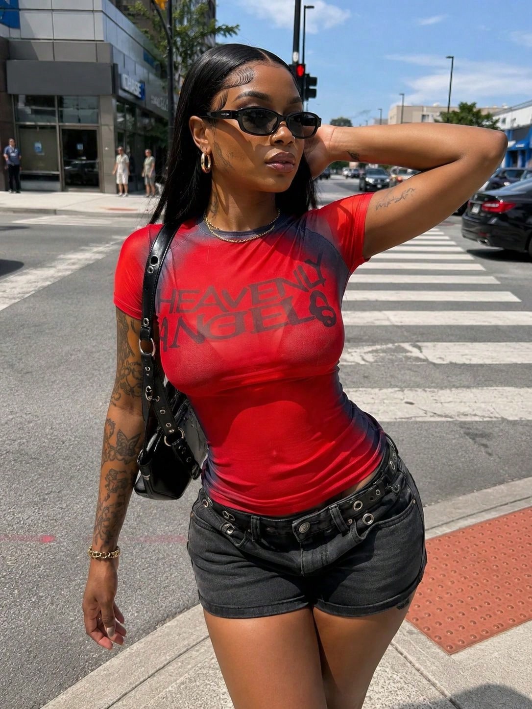 FQLWL Summer Street Fashion Slim Fit Digital Print Corp Short Sleeve Y2k See Through Top, Going Out Club Top For Women Yellow