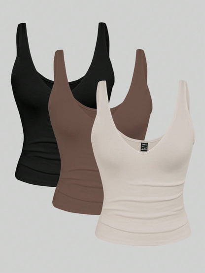 Franclia 2-3 Pcs Set Summer Fitted Short Leopard Print & Solid Color V-Neck Camisole For Women
