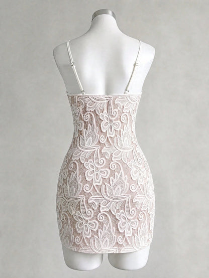 Franclia 2026 Summer New Women's Sleeveless Spaghetti Strap Lace 3D Print Dress, Elegant Elegant Sexy Party Beach Gathering Dress, White Lace Bodycon Mini Dress
