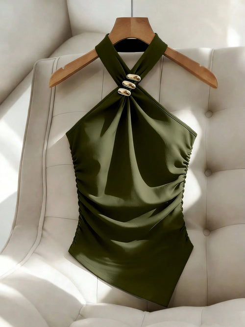 Franclia Army Green Summer Elegant Party Night Women's Sleeveless Halter Crop Top,Black Metal Decorated Knit Fitted Tank Top With Asymmetrical Hem Ruched Top