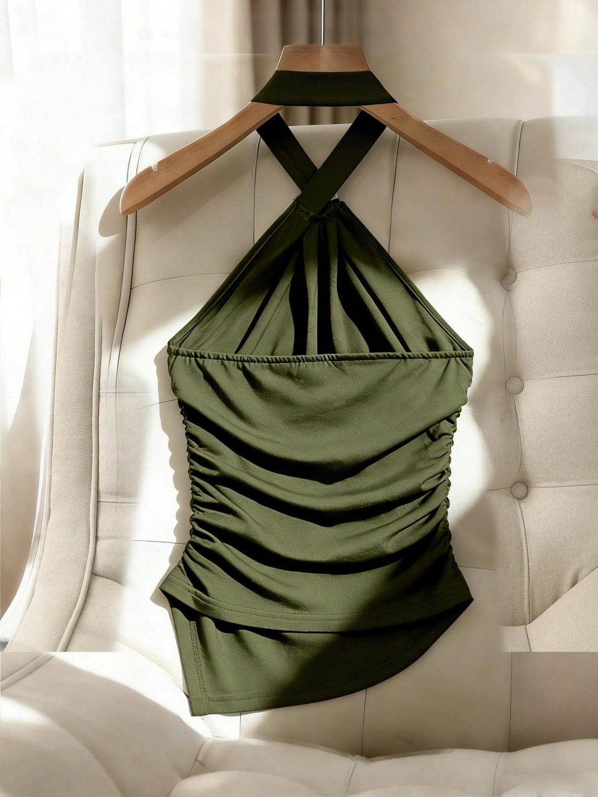 Franclia Army Green Summer Elegant Party Night Women's Sleeveless Halter Crop Top,Black Metal Decorated Knit Fitted Tank Top With Asymmetrical Hem Ruched Top