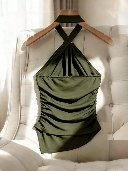 Franclia Army Green Summer Elegant Party Night Women's Sleeveless Halter Crop Top,Black Metal Decorated Knit Fitted Tank Top With Asymmetrical Hem Ruched Top