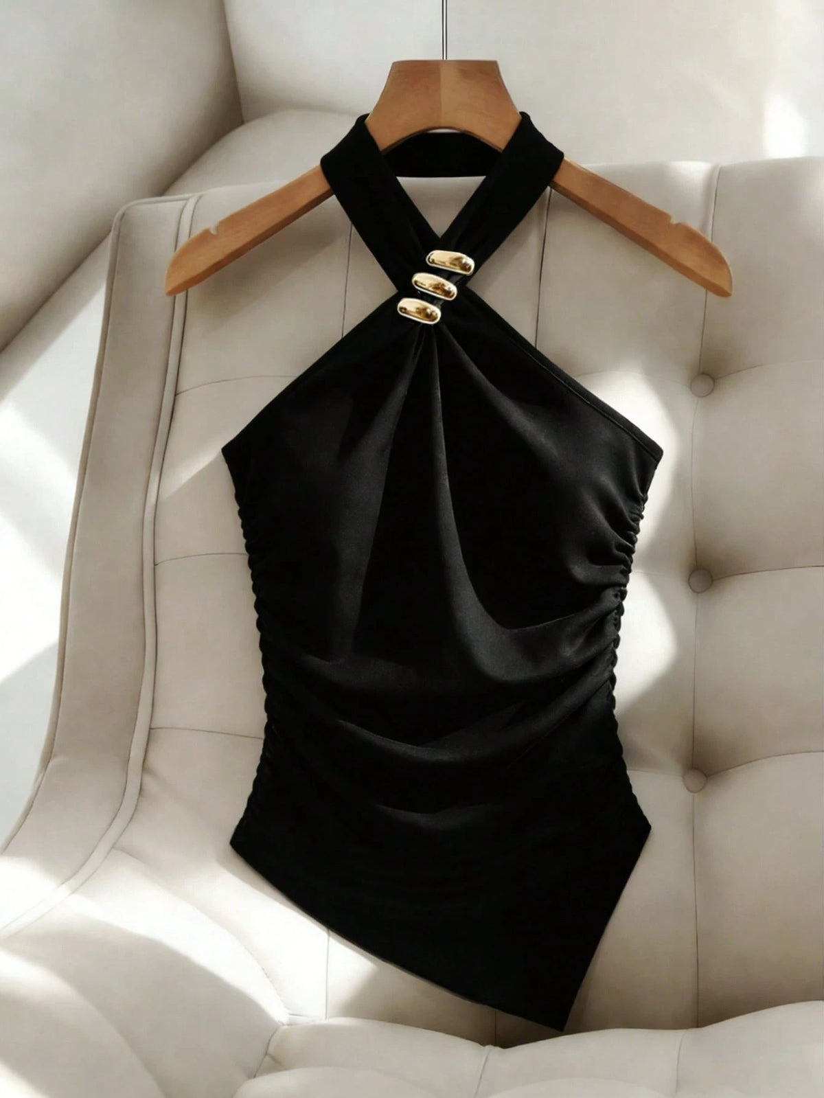Franclia Army Green Summer Elegant Party Night Women's Sleeveless Halter Crop Top,Black Metal Decorated Knit Fitted Tank Top With Asymmetrical Hem Ruched Top