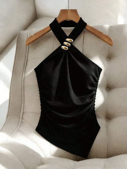 Franclia Army Green Summer Elegant Party Night Women's Sleeveless Halter Crop Top,Black Metal Decorated Knit Fitted Tank Top With Asymmetrical Hem Ruched Top